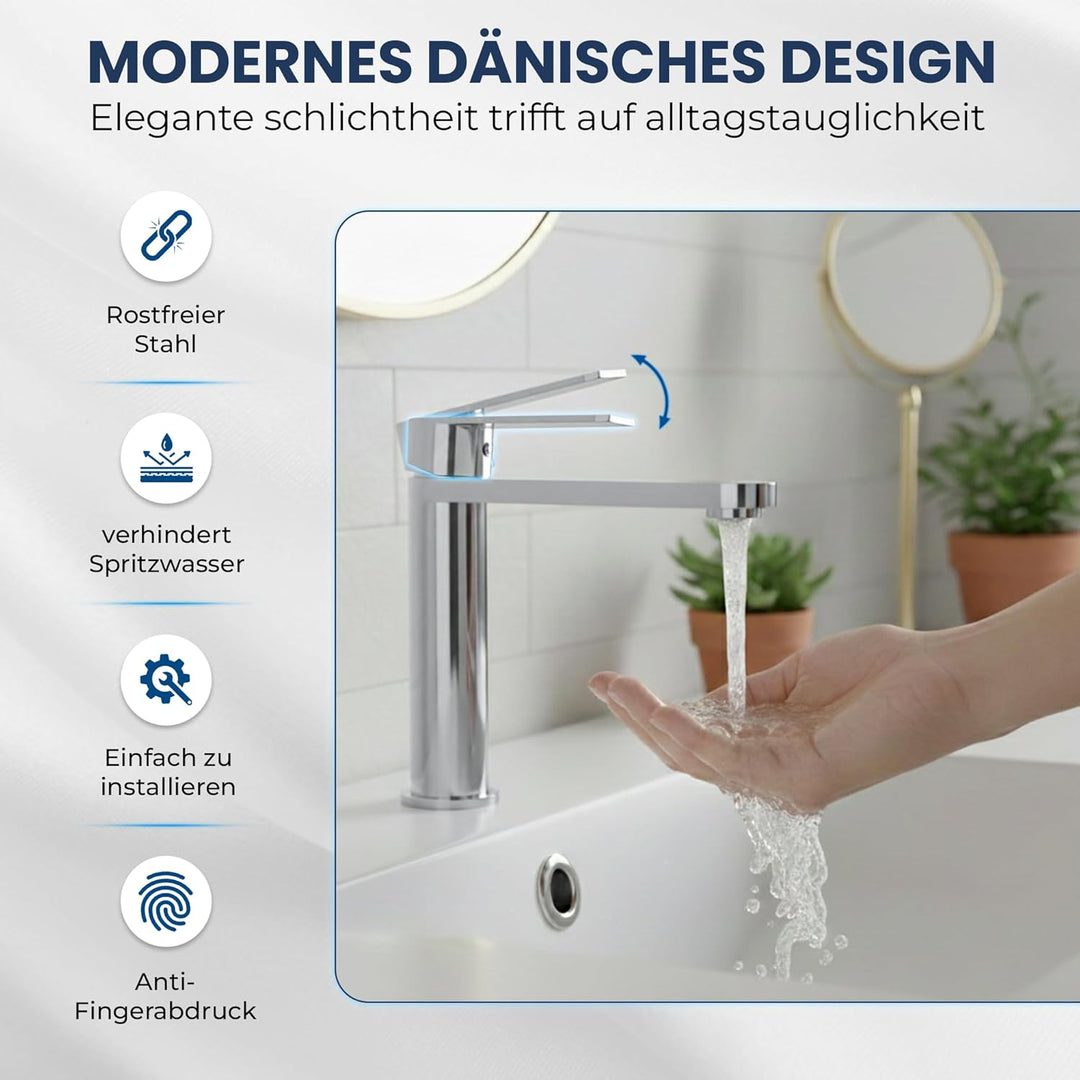 Tarnby Wasserhahn Bad – Waschtischarmatur 17,3 cm, Waschbeckenarmatur Chrome, Anti-Fingerprint & Ein