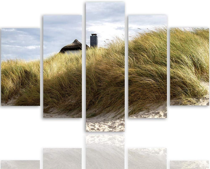 Feeby Leinwandbild 5 Teilig Landschaft Bild Wanddeko Strand Gras Himmel bunt 150x100 cm Leinwandbild