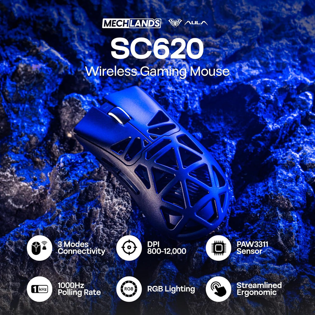 MechLands Aula SC620 Gaming-Maus, 2,4 GHz/USB-C/BT-Funkmaus mit 400-mAh-Akku, einstellbare 12.000 DP