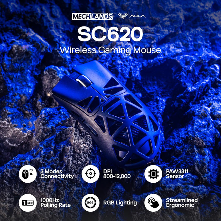 MechLands Aula SC620 Gaming-Maus, 2,4 GHz/USB-C/BT-Funkmaus mit 400-mAh-Akku, einstellbare 12.000 DP