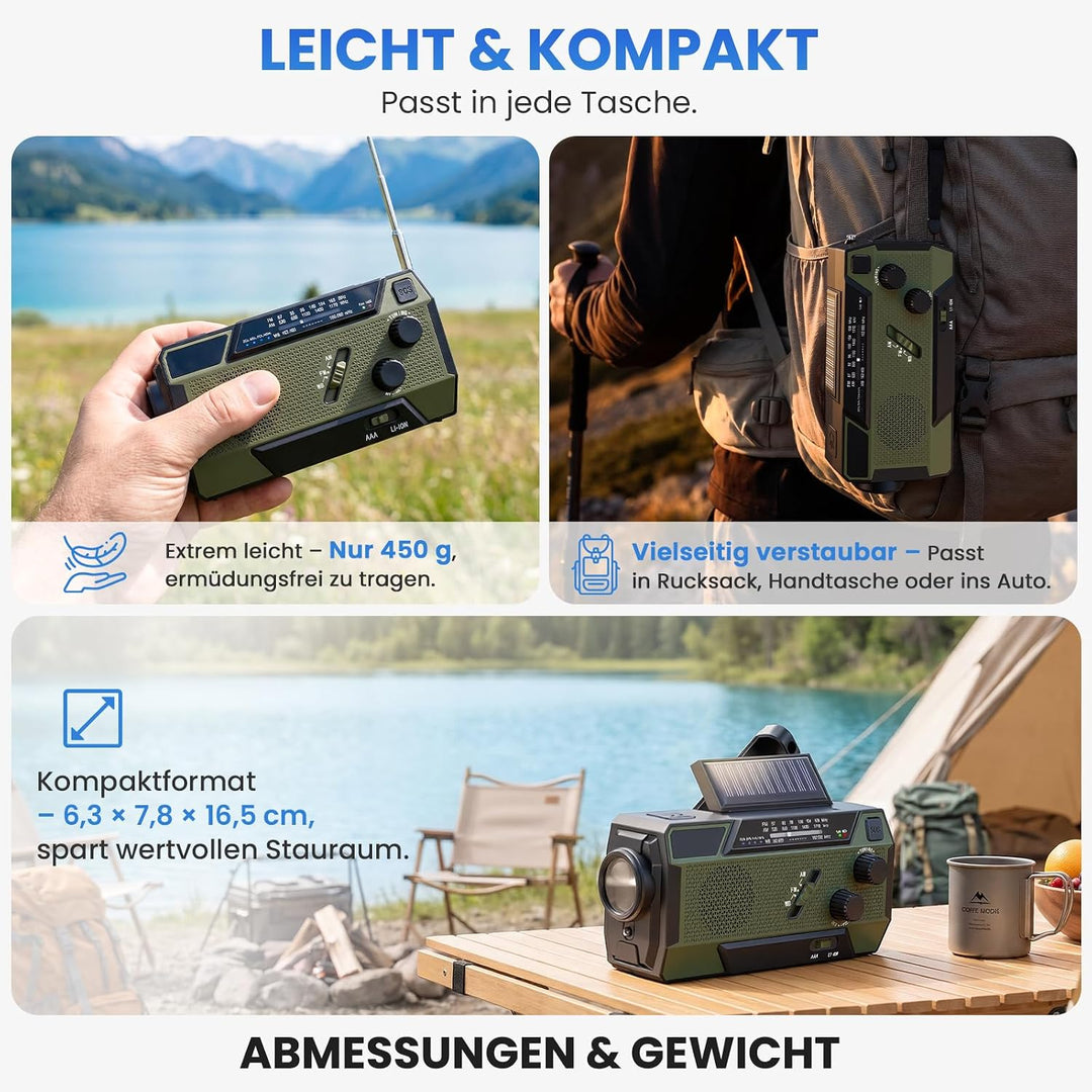 Kurbelradio Notfallradio 4000mAh (14800 mWh) Akku, Powerbank mit 3 integrierten Kabeln, Radio mit Ku