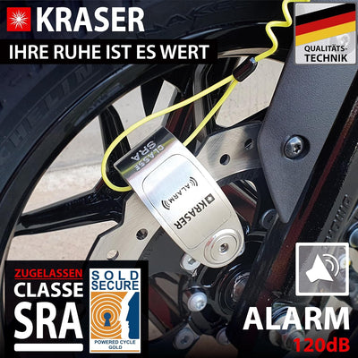 KRASER KR10S Motorrad Alarm Vorhängeschloss, 120dB Double Lock Anti-Diebstahl Bike Disc Clip mit War