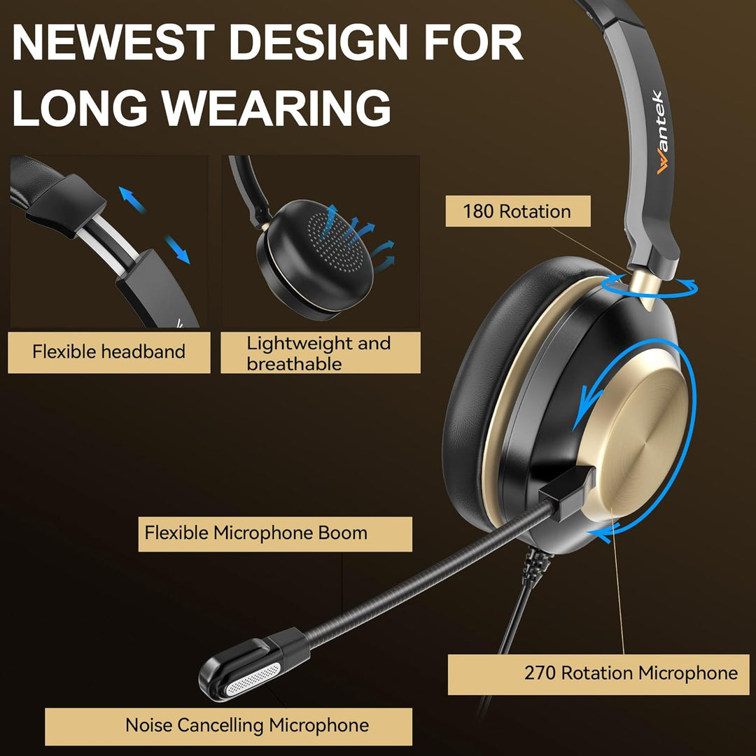 Wantek 882F Headsets mit Mikrofon Noise Cancelling und USB A 3,5mm Stecker Typ C Adapter für Call Ce