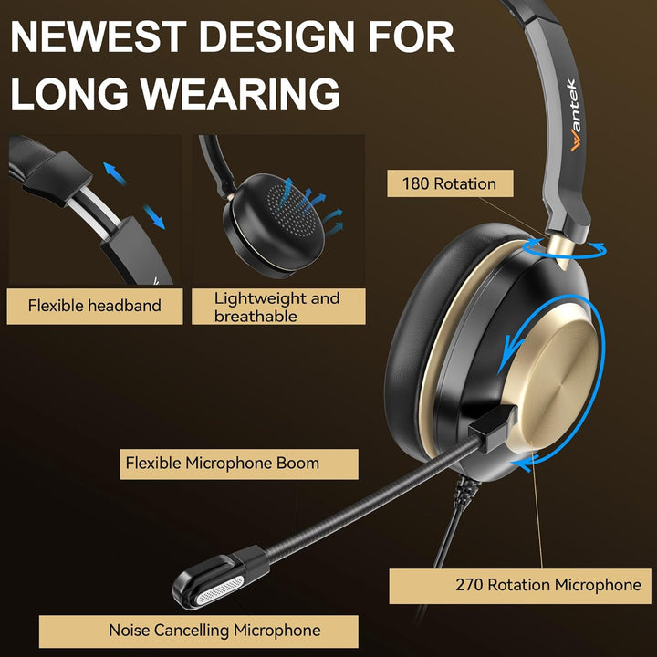 Wantek 882F Headsets mit Mikrofon Noise Cancelling und USB A 3,5mm Stecker Typ C Adapter für Call Ce