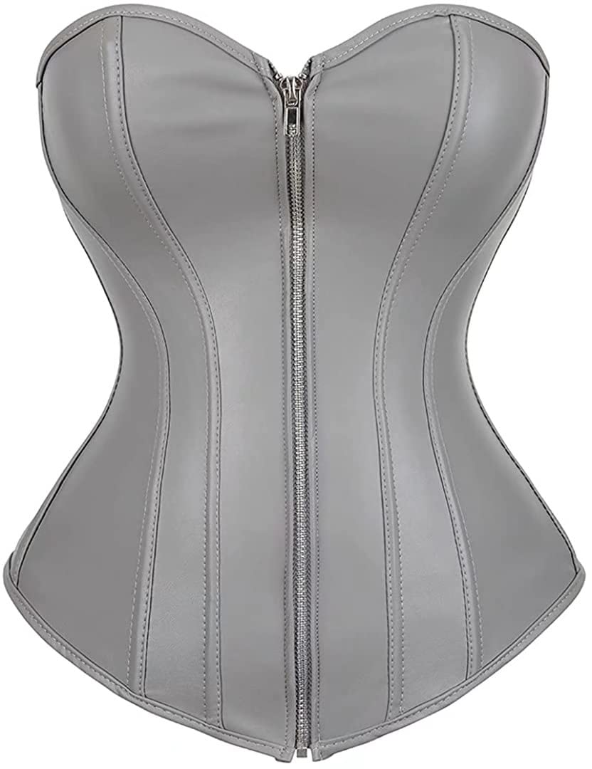 Josamogre Leder Korsett Top Damen Corsage Reissverschluss Sexy M Silver, M Silver