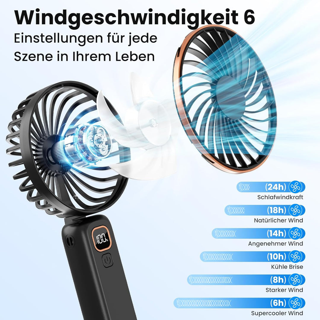 Handventilator, Mini Tragbarer Ventilator mit LCD Display &amp; 6 Stufen, Leiser USB Ventilator mit 4000