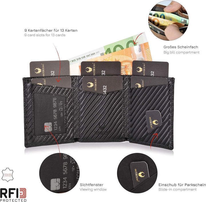 DONBOLSO Wallet 2 I Slim Wallet mit Münzfach I 8 Kartenfächern I bis 12 Karten I RFID Schutz I echte