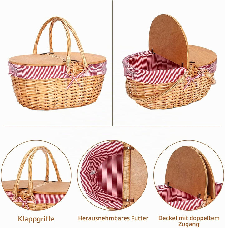 Picknickkorb aus Weidengeflecht Mit Einlage, Holz Geteilter Deckel, Vintage-Stil Weidenkorb Mit Falt
