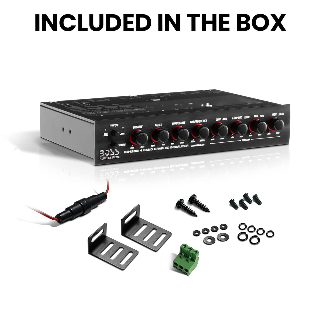 Boss Audio EQ1208 Verstärkter 4-Band-Equalizer mit Subwoofer-Steuerung 4-Band-Vorverstärker-EQ, 4-Ba
