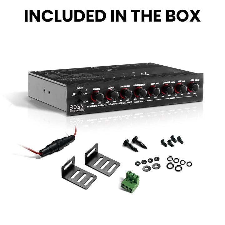 Boss Audio EQ1208 Verstärkter 4-Band-Equalizer mit Subwoofer-Steuerung 4-Band-Vorverstärker-EQ, 4-Ba