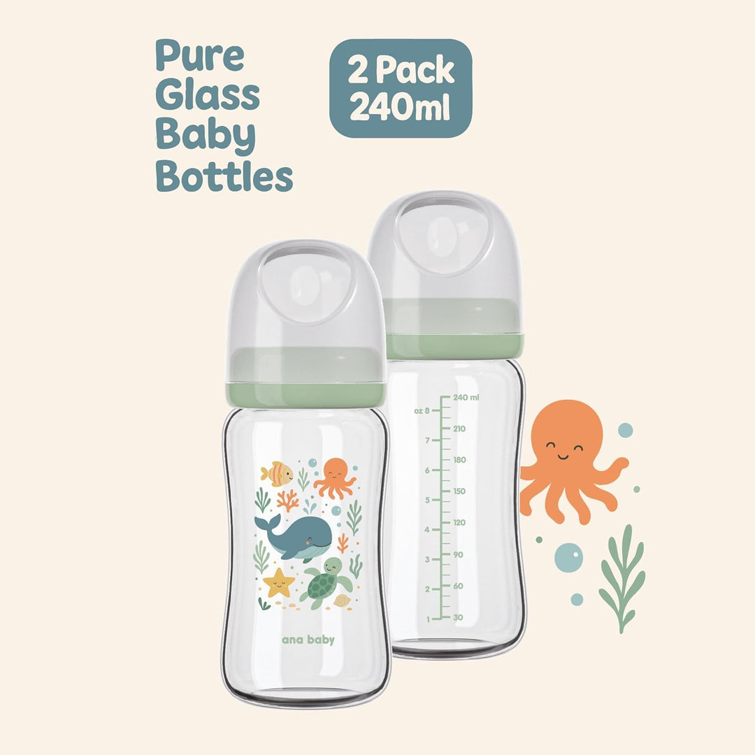 Ana Baby Babyflaschen aus reinem Glas, 2er-Set, BPA-freie Borosilikatglasflaschen mit weichem Siliko