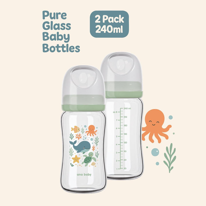 Ana Baby Babyflaschen aus reinem Glas, 2er-Set, BPA-freie Borosilikatglasflaschen mit weichem Siliko