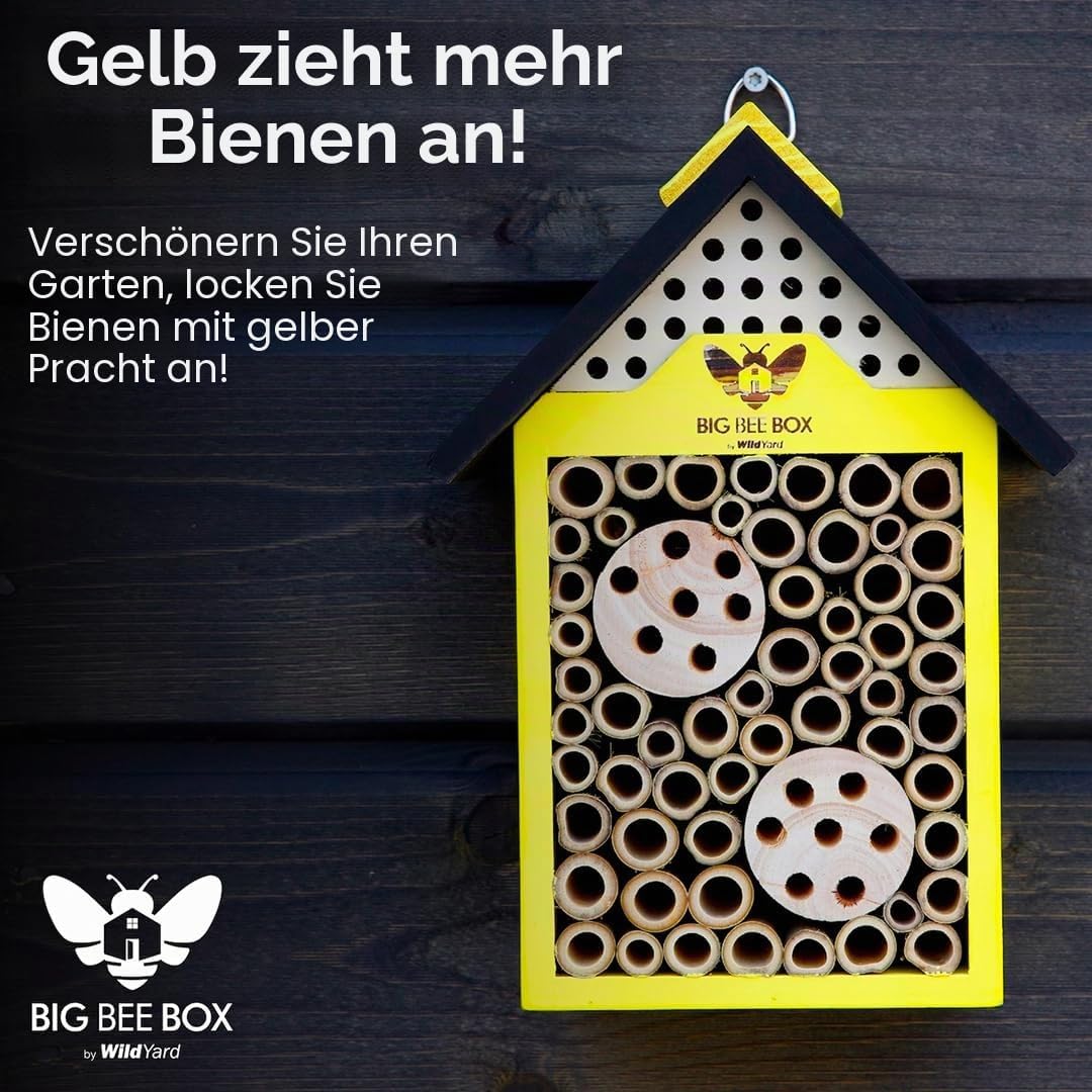 WildYard Big Bee Box - Bienenhaus aus Holz für Draussen, Gelb - Lockt Mauerbienen am Balkon - Kompak