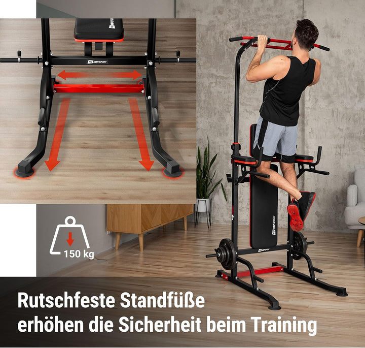 Hop-Sport Power Tower mit Klimmzugstange, Hantelbank &amp; Dip-Station, Fitnessgerät für Zuhause, Calist