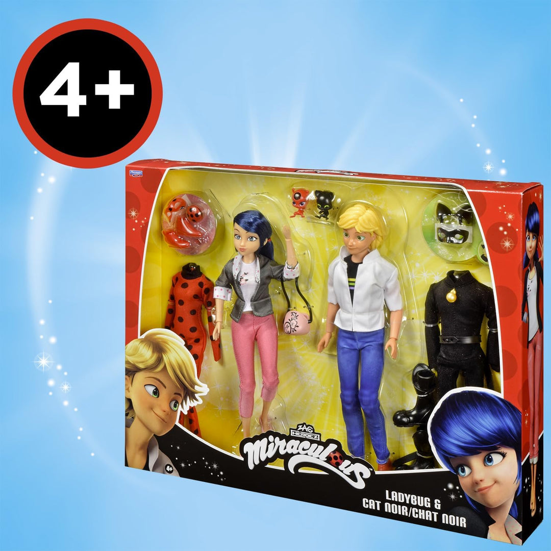 BANDAI – Miraculous – 2er-Pack Marinette und Adrien Puppen mit 2 Outfits (Ladybug & Cat Noir), Zubeh