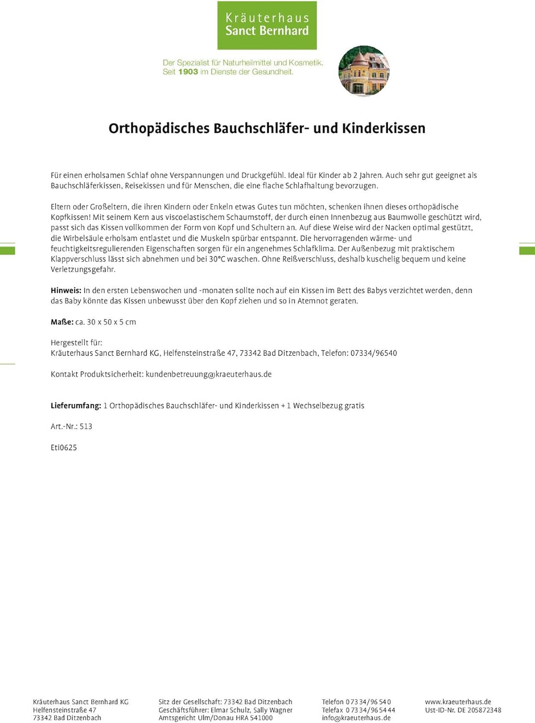 Sanct Bernhard Orthopädisches Bauchschläferkissen und Kinderkissen + Wechselbezug 30 x 50 x 5 cm