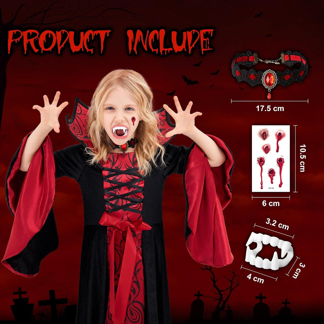 Funnlot Vampir Kostüm Mädchen Gothic Halloween Kostüm Kleid mit Vampir Zähne Kinder Karneval Faschin