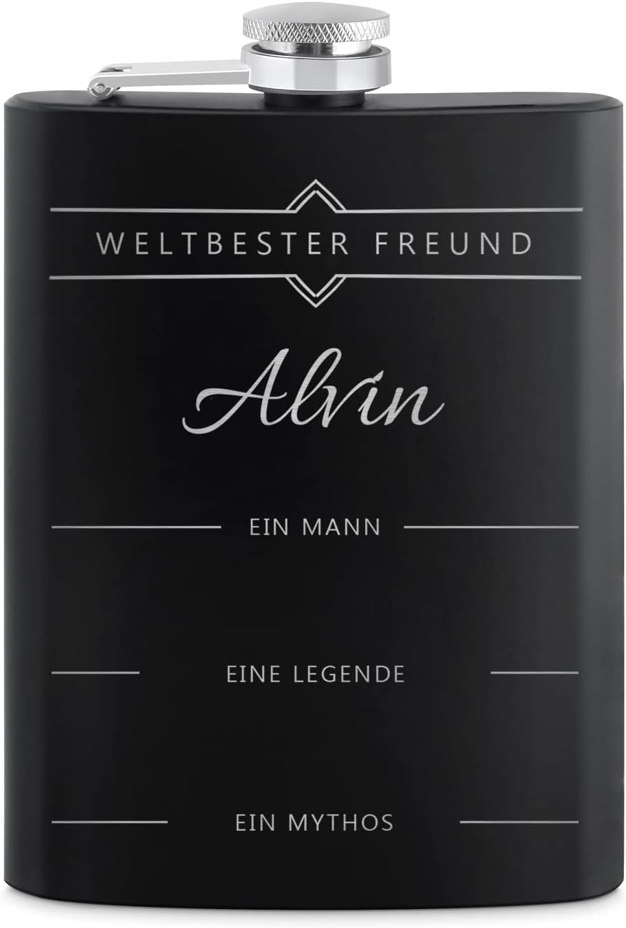 Maverton Flachmann Set 200 ml mit Gravur - Taschenflasche + 4 Schnapsgläsern 20 ml mit Trichter - We