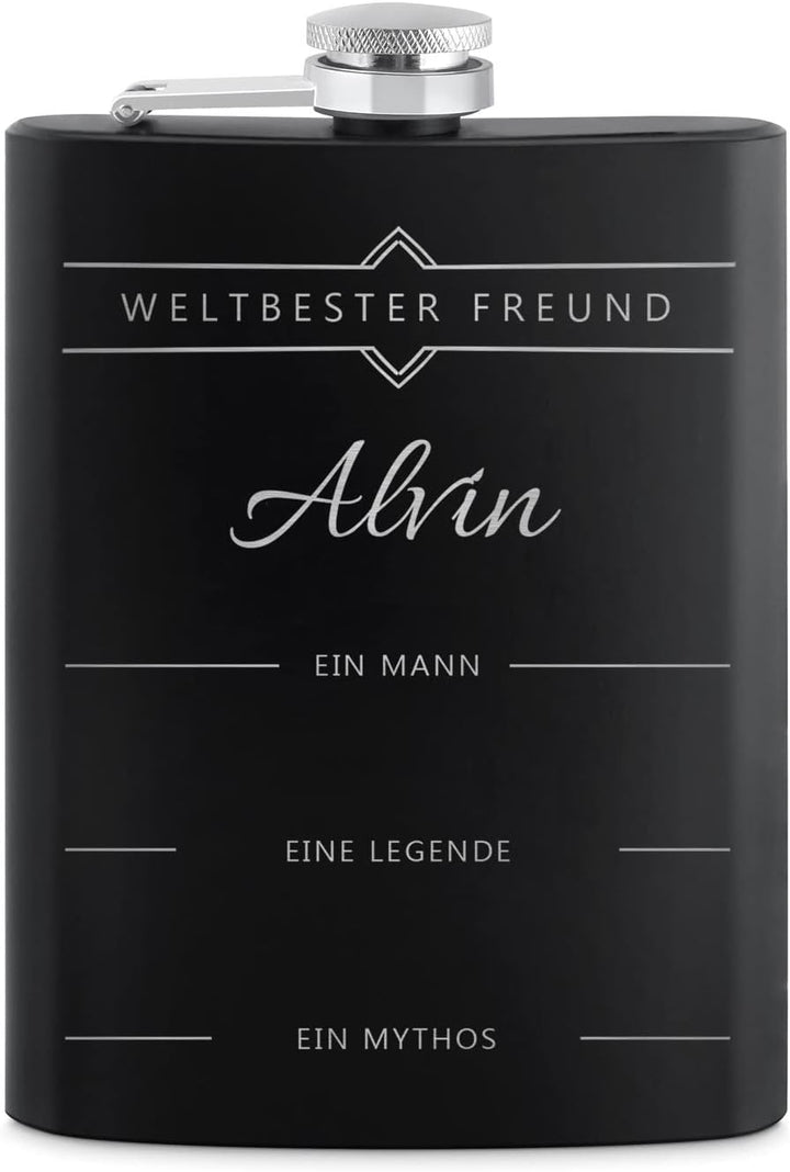 Maverton Flachmann Set 200 ml mit Gravur - Taschenflasche + 4 Schnapsgläsern 20 ml mit Trichter - We