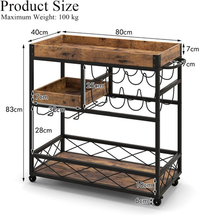 KOMFOTTEU Servierwagen mit abnehmbarem Tablett, Küchenwagen mit 8 Weinregalen & Glashalter, Rollwage