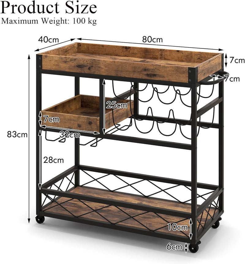 KOMFOTTEU Servierwagen mit abnehmbarem Tablett, Küchenwagen mit 8 Weinregalen & Glashalter, Rollwage