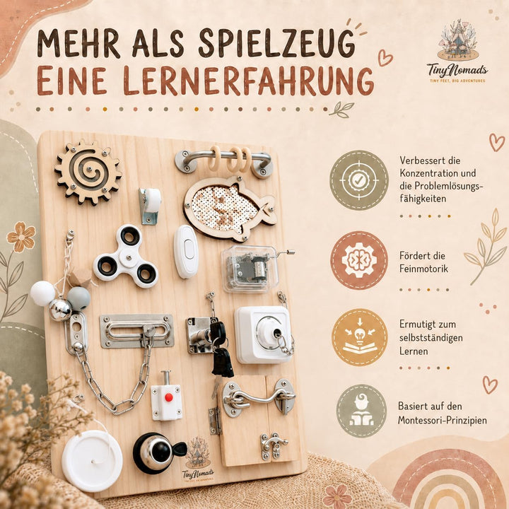 Tiny Nomads Montessori Busy Board motorikbrett ab 1 2 3 4 Jahr - Motorikboard für Baby Sensorik Acti