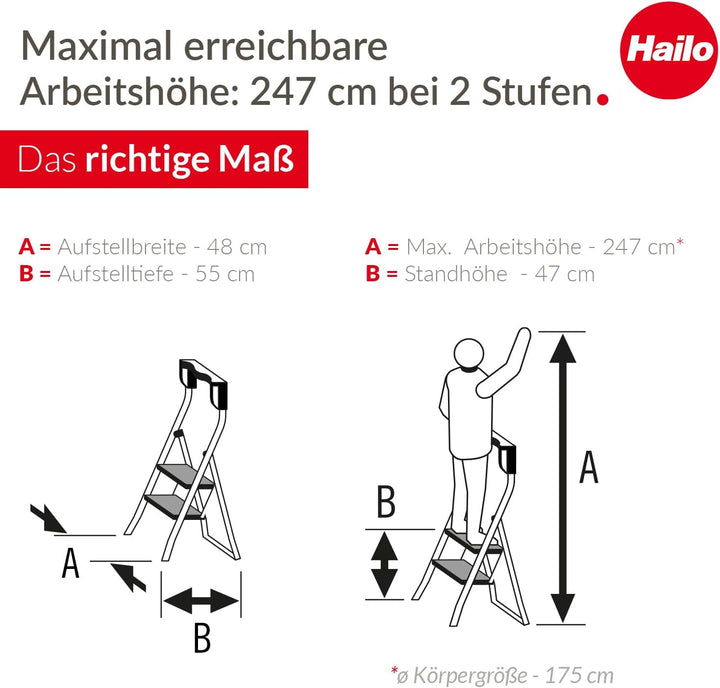 Hailo K75 ComfortLine Klapptritt - 2-stufige Trittleiter aus Stahl mit Sicherheitsbügel und Ablagesc