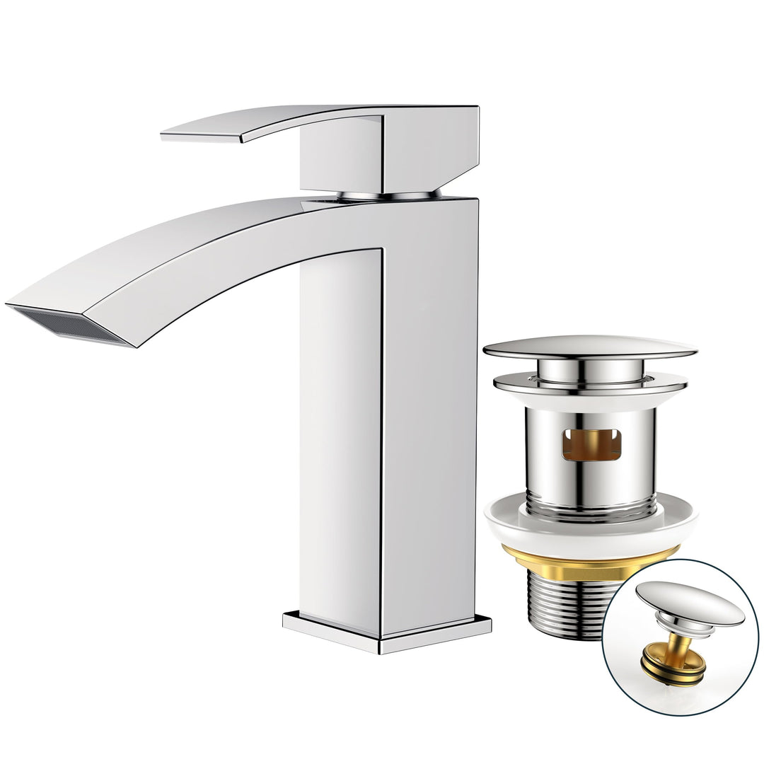 FORIOUS Wasserhahn Bad mit Ablaufgarnitur, Wasserfall Waschtischarmatur mit Auslauf Höhe 100 mm, Mis