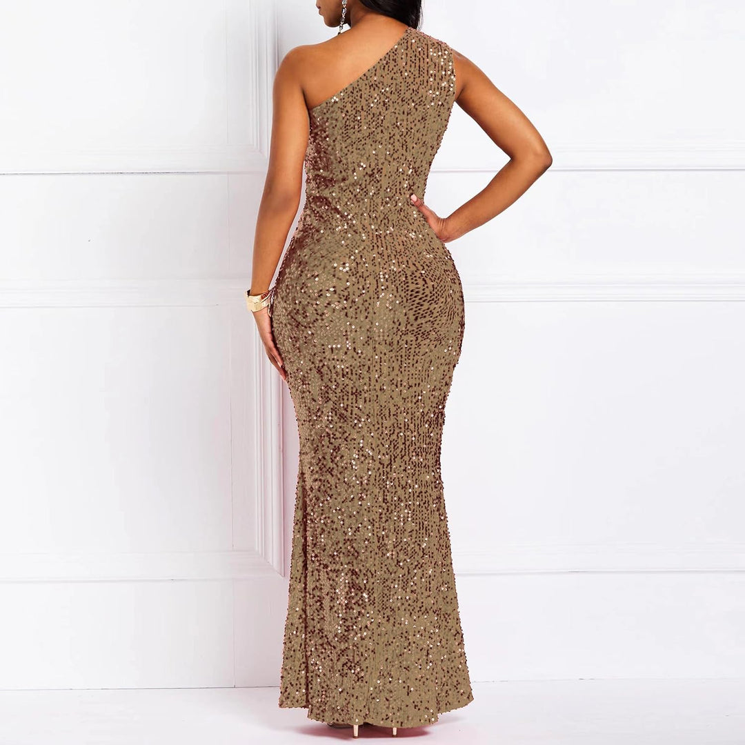 VERWIN Pailletten-Maxikleid für Damen, ärmellos, schräger Kragen, figurbetontes Kleid, Partykleid L