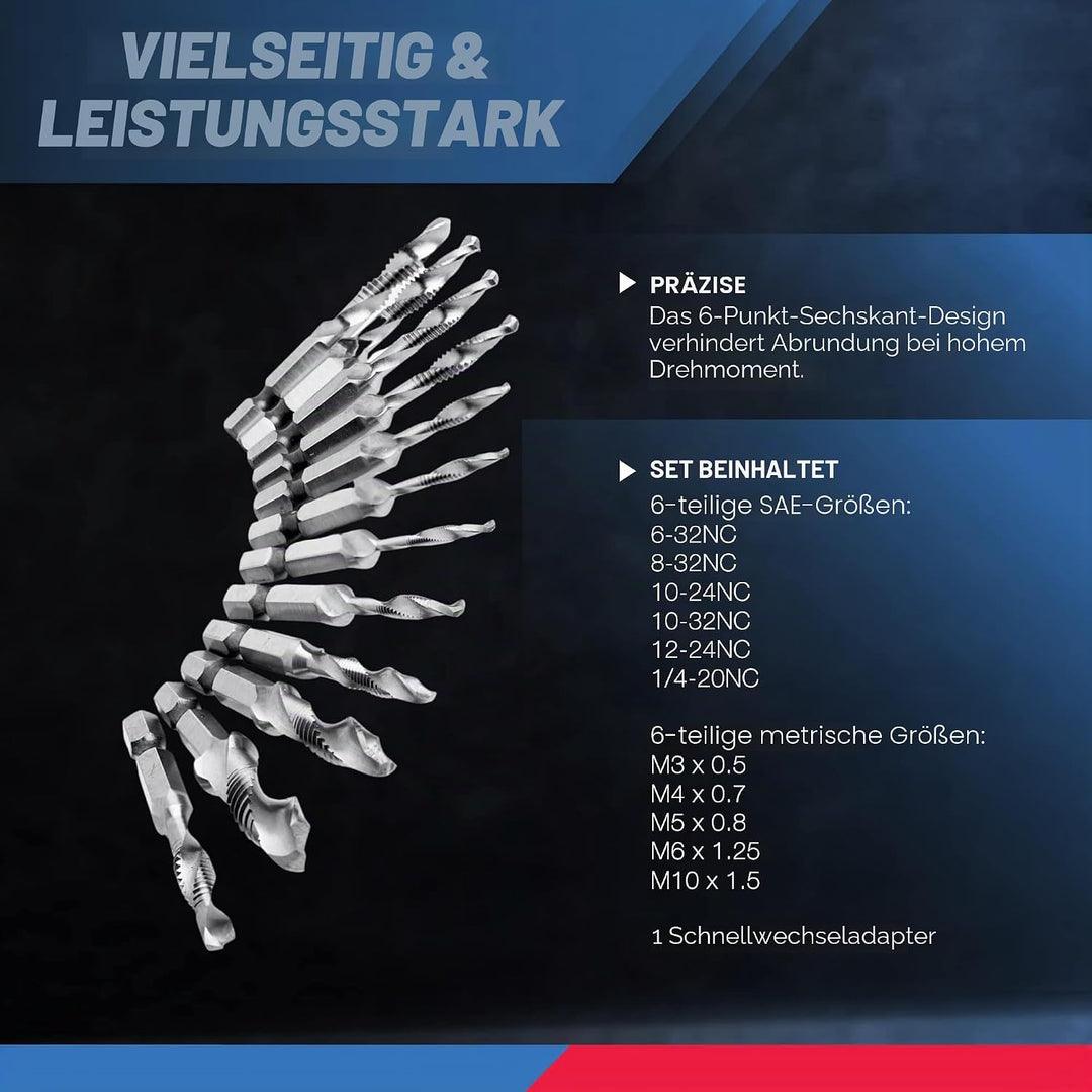 NEIKO 10059A Kombibohrer und Gewindebohrer-Set mit Schnellwechseladapter, 13-teilig, SAE (6-32NC bis