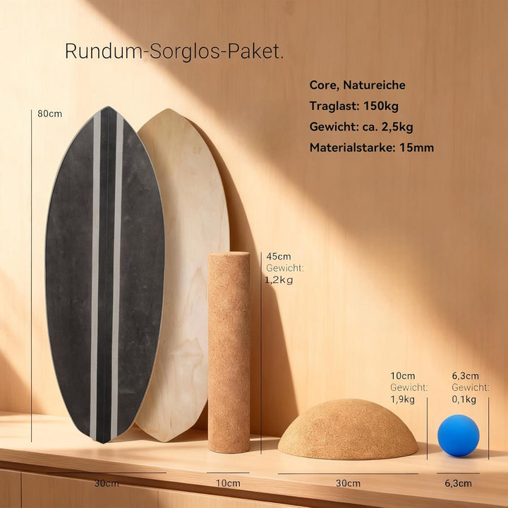 Holz Balance Board mit Rolle & Halbkugel - Balancierbrett für Gleichgewichtstraining - Erwachsene -