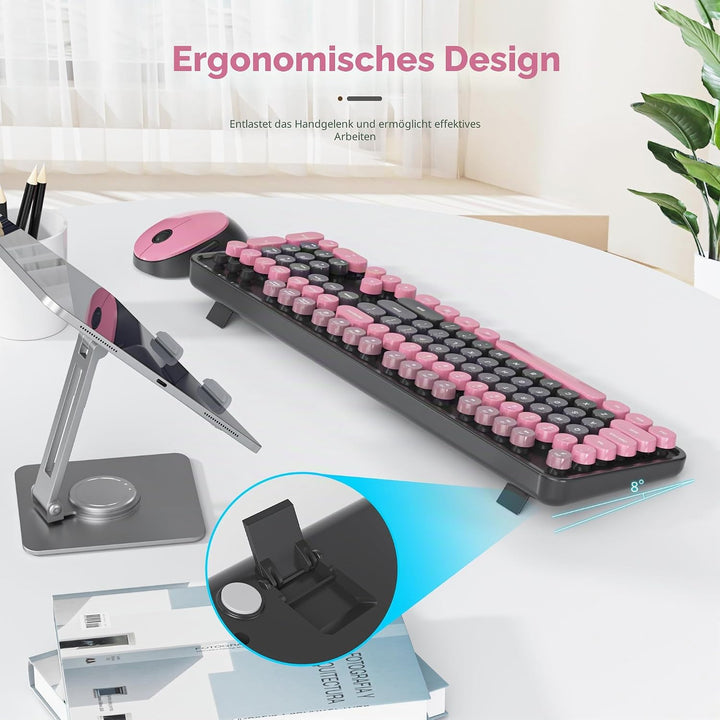 SOLIDEE kabellose Tastatur- und Maus-Kombination,Retro-Schreibmaschinen-Tastatur,2.4GHz runde Tasten