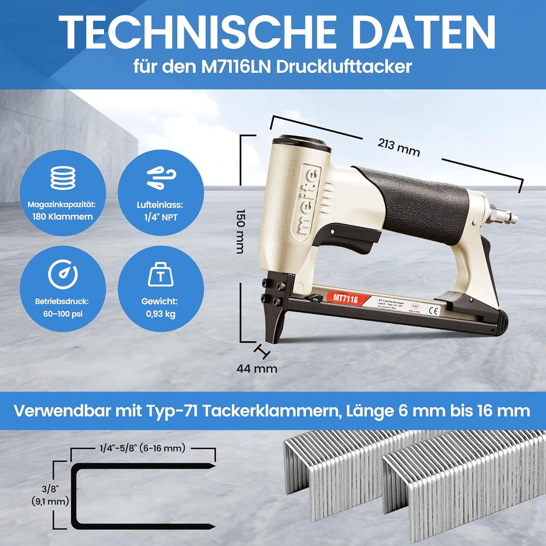 MT7116 Polsterheftgerät – 22 Gauge 71 Serie 3/8 Zoll Krone, 1/4 Zoll bis 5/8 Zoll Beinlänge Feindrah