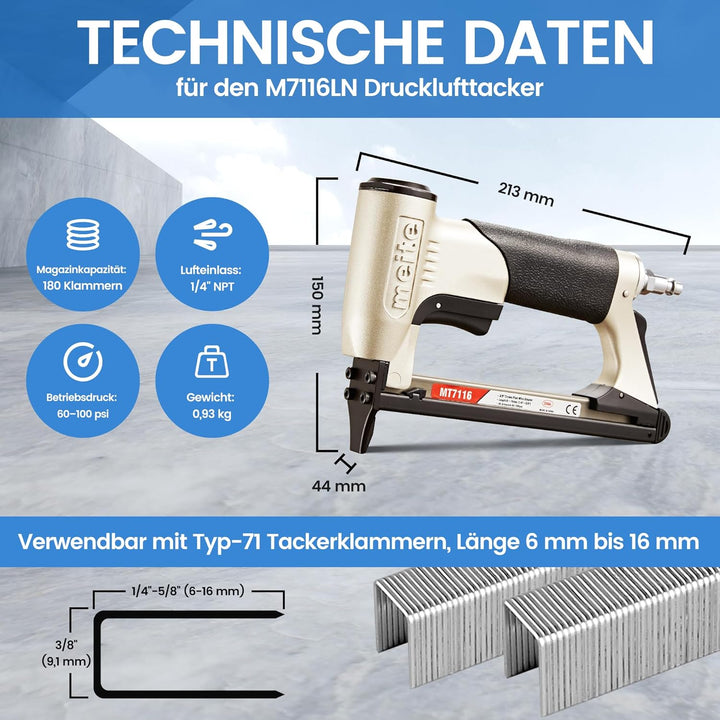 MT7116 Polsterheftgerät – 22 Gauge 71 Serie 3/8 Zoll Krone, 1/4 Zoll bis 5/8 Zoll Beinlänge Feindrah