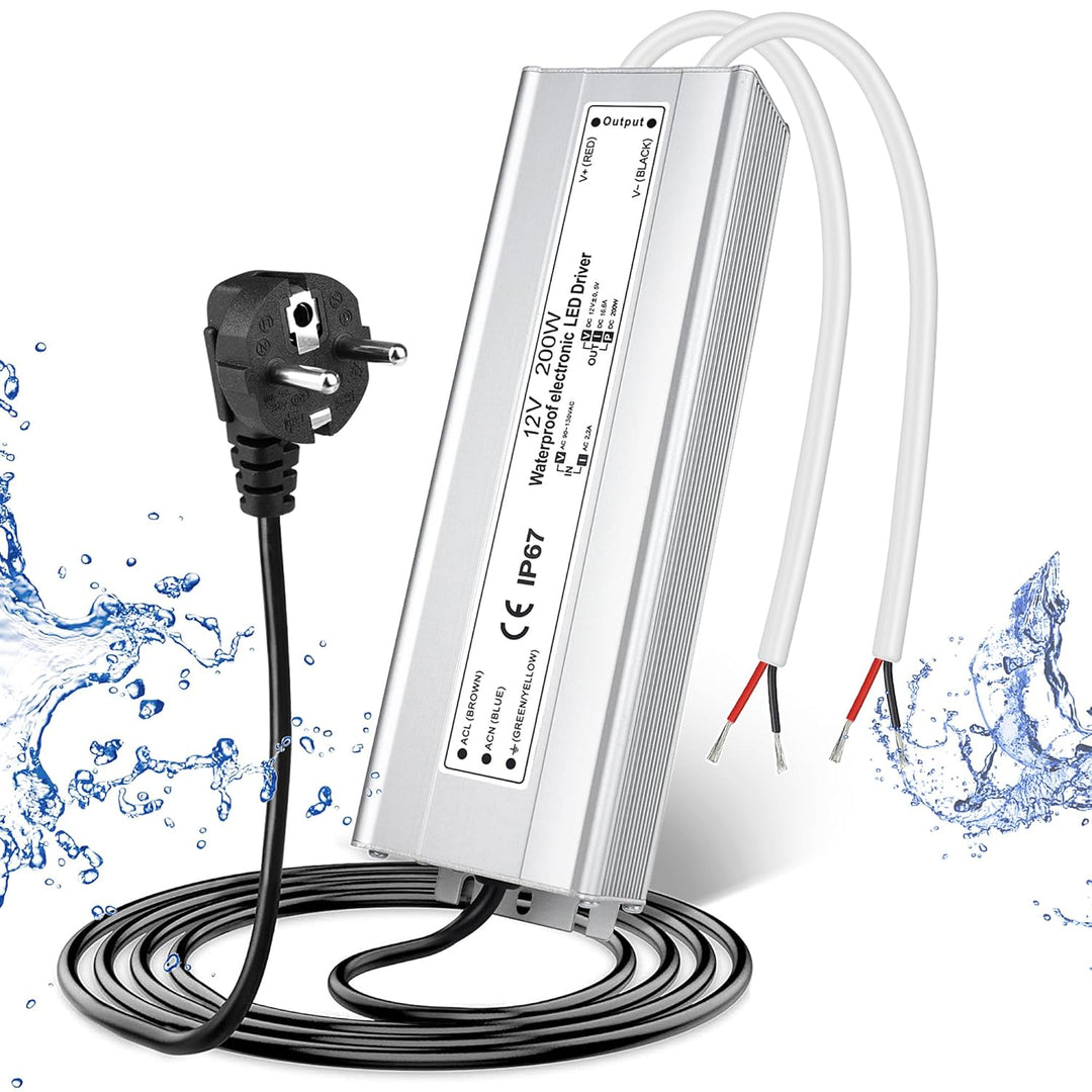 LED Trafo 12V 200W IP67, Outdoor Wasserdicht Transformator mit Stecker, LED Netzteil Treiber 230V au