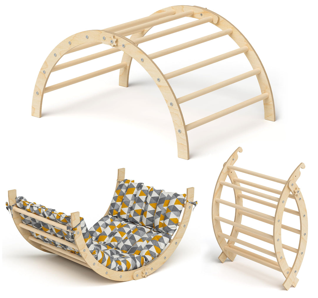 Bellabino Ruki 2in1 Kletterbogen und Wippe mit Kissen 'Dreiecke ', Klettergerüst Indoor, Kletterdrei