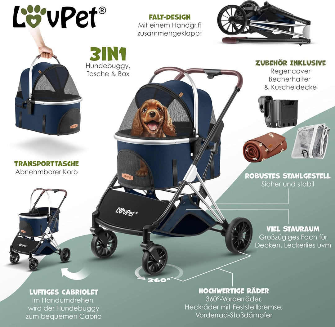 LOVPET® Hundewagen 3in1 Hundebuggy Hundebox Transporttasche 360° Grosse Räder Faltbar klappbar Haust