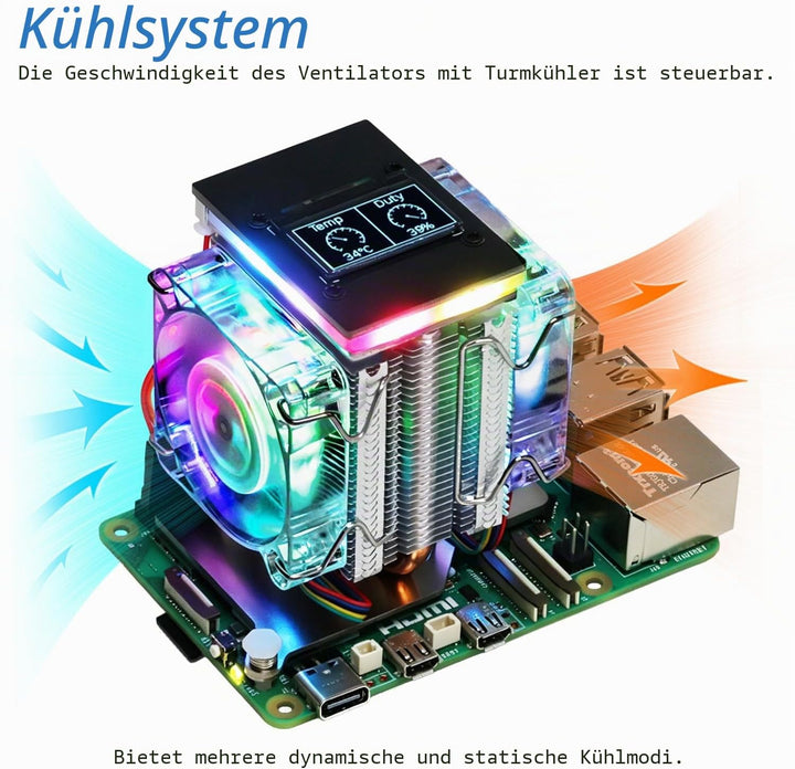 Freenove Active Cooler for Raspberry Pi 5 with 2 Fans and OLED Screen, Aluminum Heatsink with Heat P
