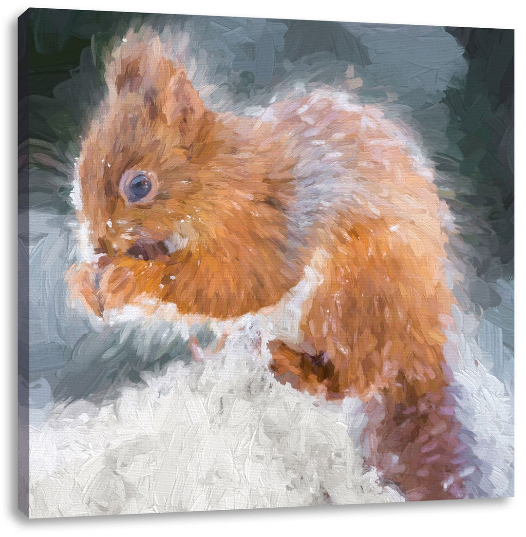 Pixxprint Kleines Eichhörnchen im Winter als Leinwandbild Quadratisch/Grösse: 70x70 / Wandbild/Kunst