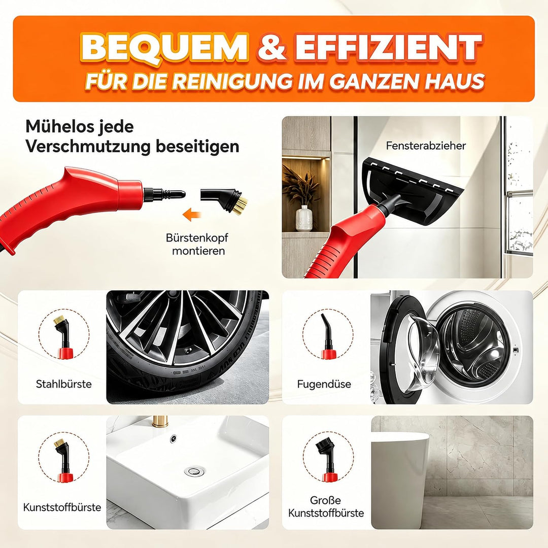 Dampfreiniger Handgerät, 15 Sekunden Aufheizzeit, 1,1L Wassertank, Rot, Rot