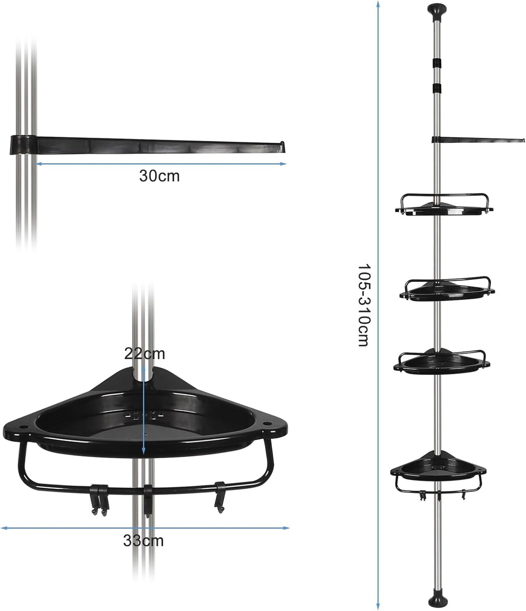 Duschregal Teleskop 105–310 cm, Duschablage ohne Bohren mit 4 Ablagen, Höhenverstellbares Badregal a