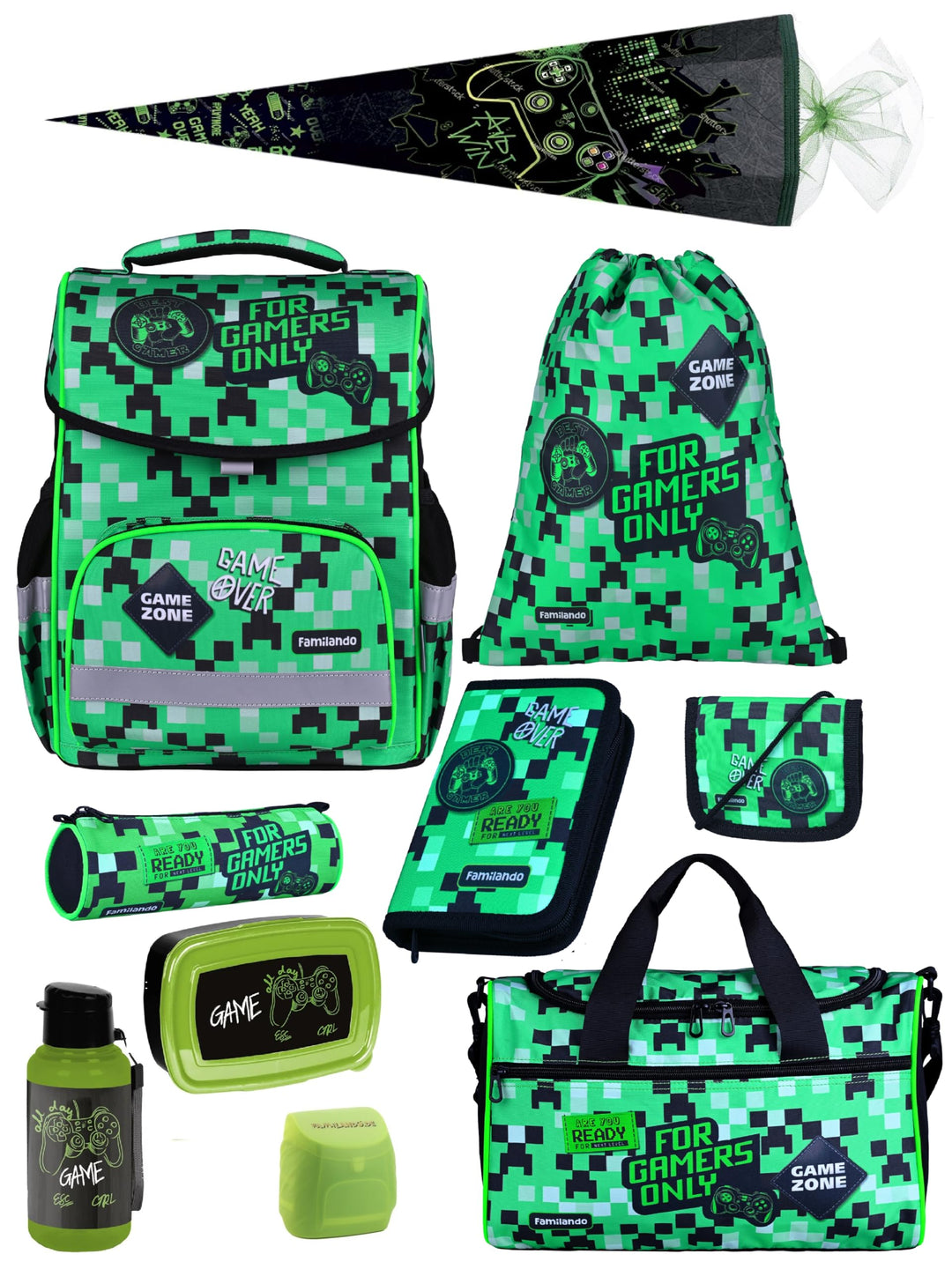 Familando Jungen Schulranzen 1. Klasse · Playworld Gaming Pixel Schultasche · ergonomisch & leicht ·