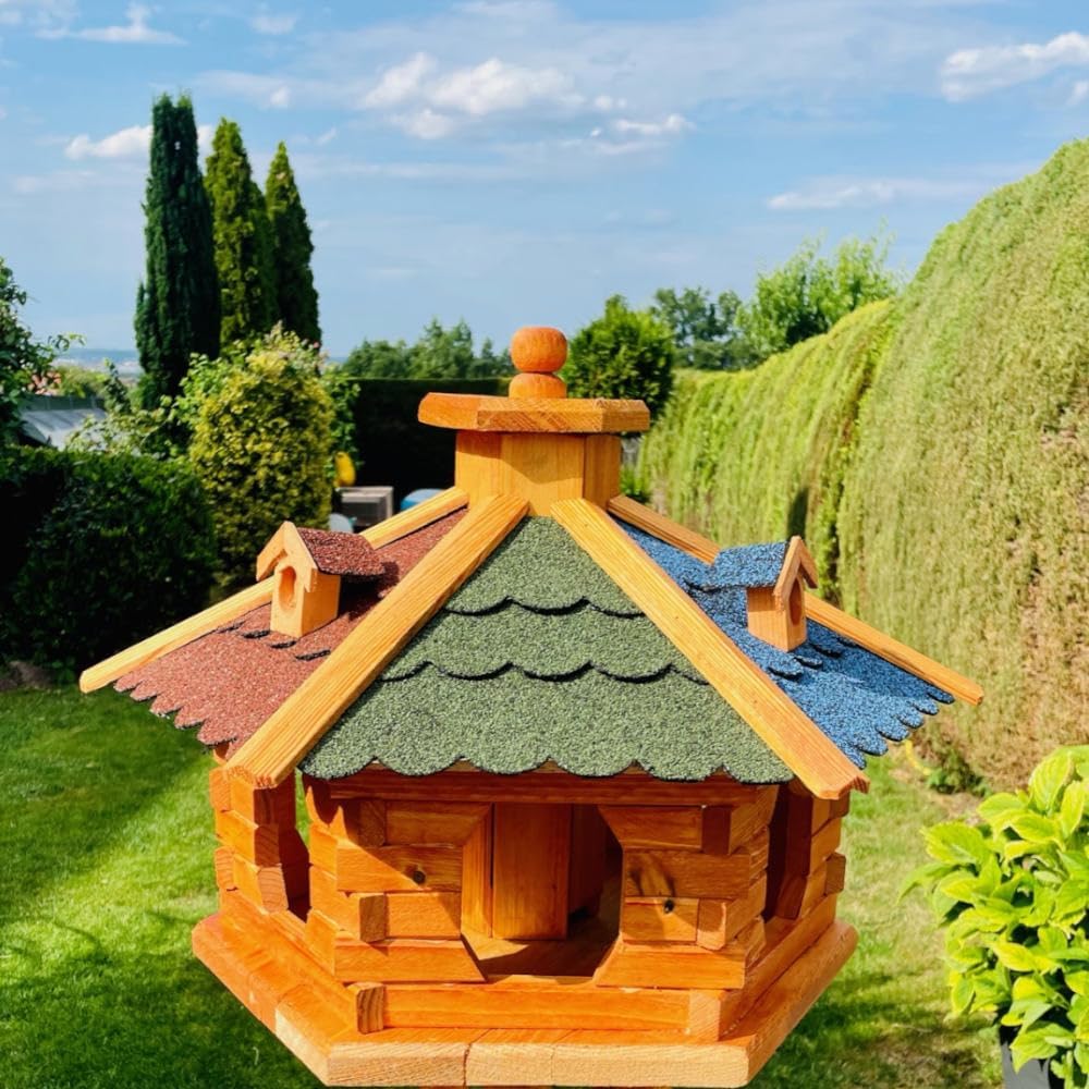 handgefertigtes Sechseck Vogelhaus aus Holz wetterfest M - XL mit und ohne Ständer, Futterhaus, Futt