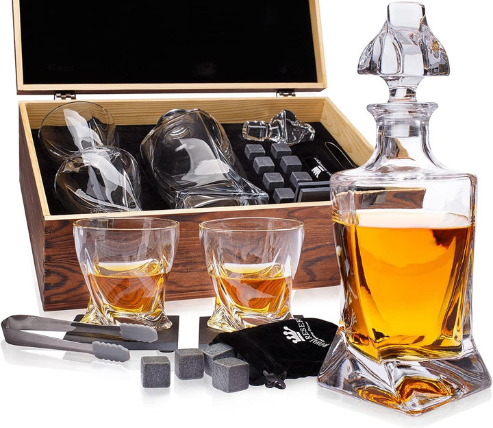 Whisky Geschenkset – Whiskey Gläser, Karaffe, Steine, Eiszange, Untersetzer, Holzkiste, Samtbeutel,