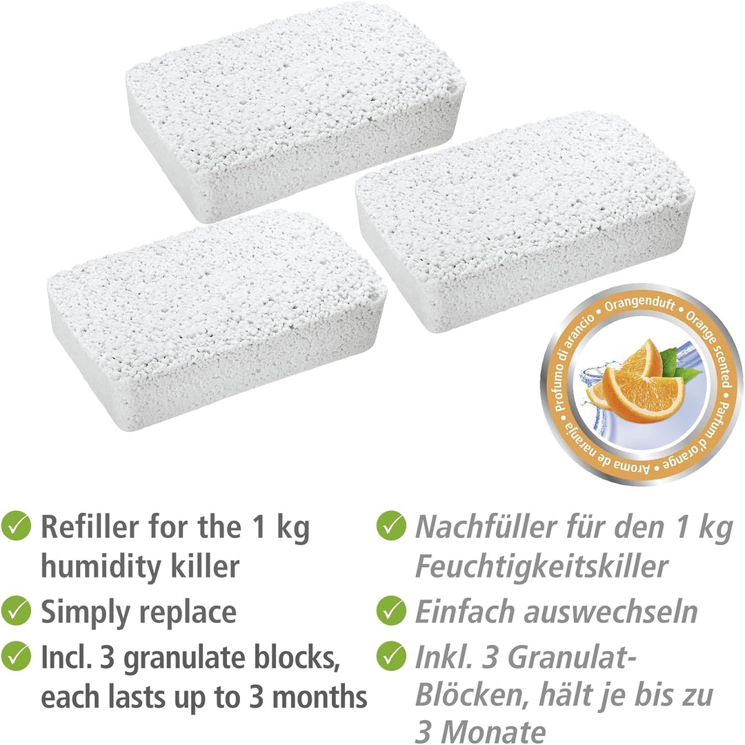 WENKO Nachfüllpack für Luftentfeuchter 3 x 1 kg, Nachfüllpackung für Raumentfeuchter Weiss Orange, O