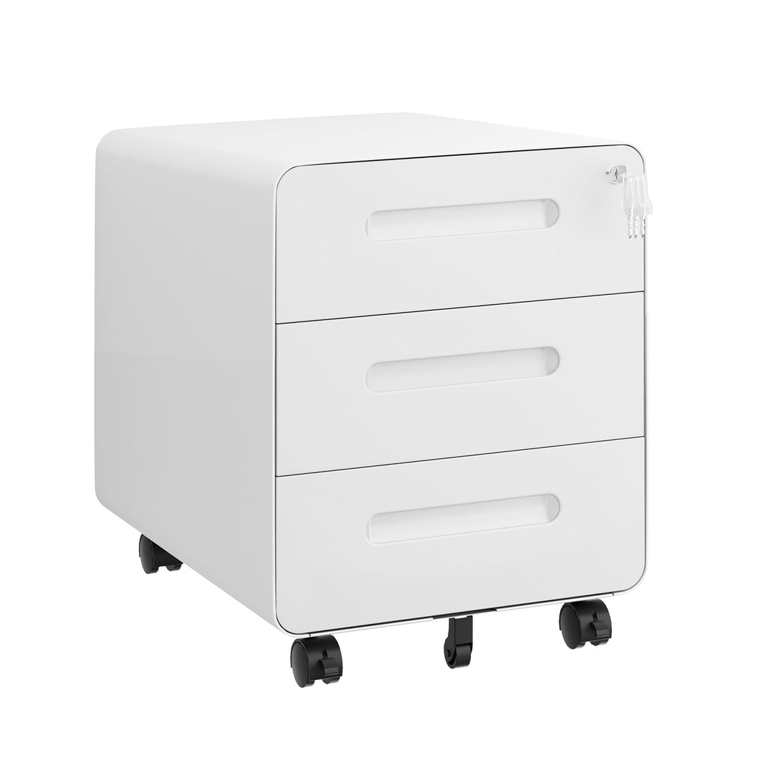 Rollcontainer, Mobiler Aktenschrank mit Schloss, Abgerundeten Ecken, 4 Schlüssel, 3 Schubladen, Druc