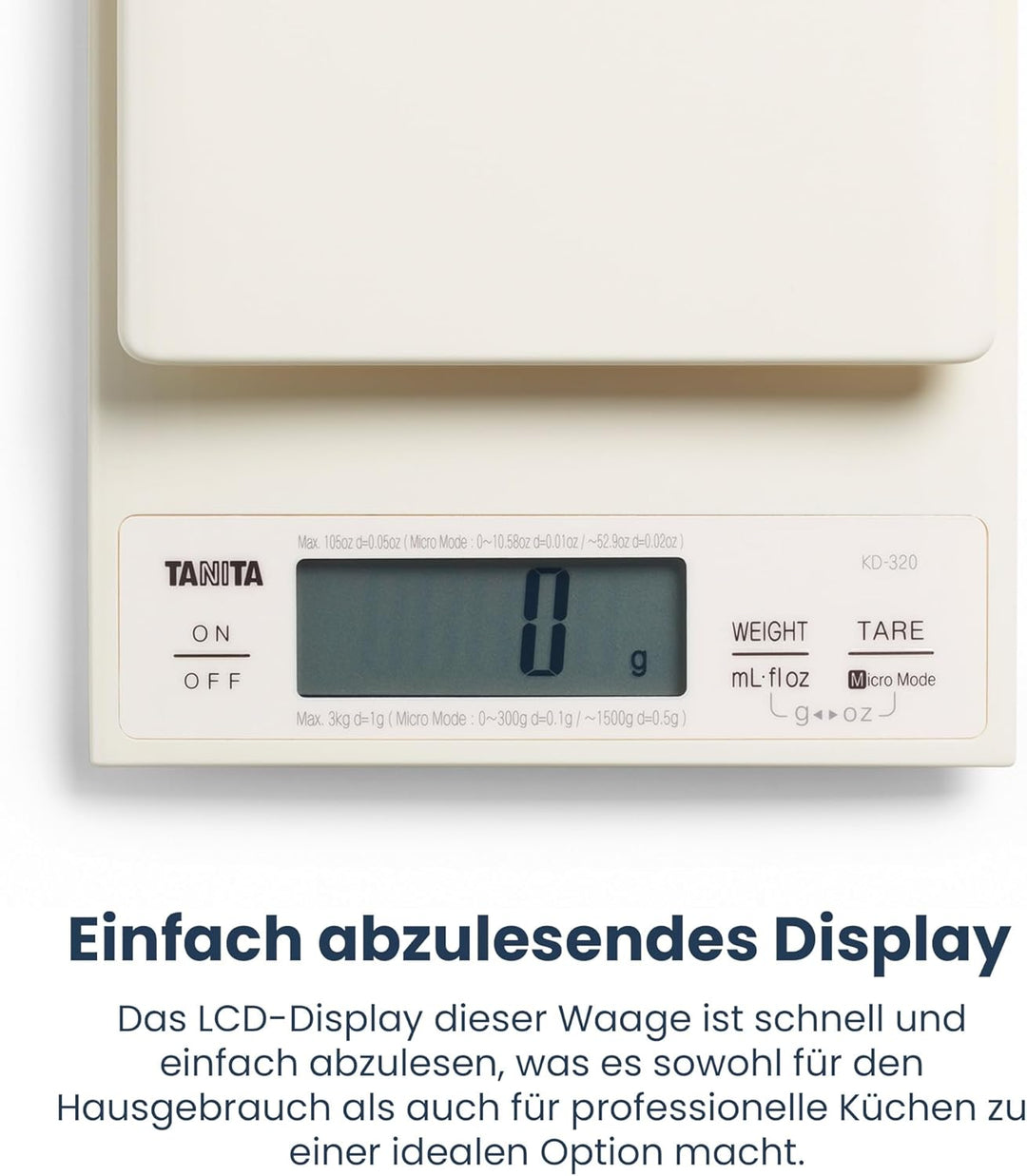 Tanita KD320WH33 Küchenwaage 3 kg mit Feinteilung 0.1 g