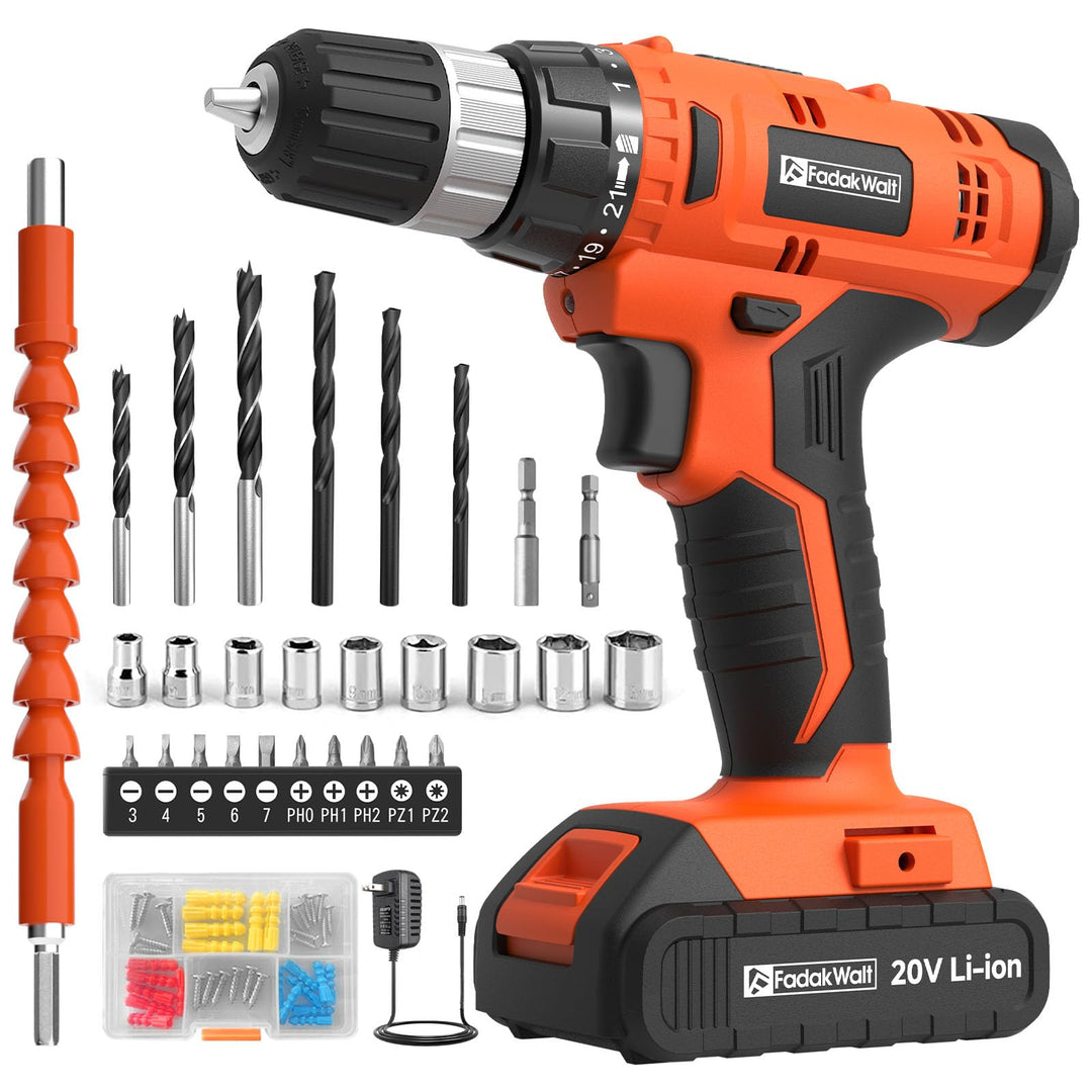 FADAKWALT Akkuschrauber, 20V Akku Bohrmaschine mit 2000 mAh Akku, 21+1 Drehmomentstufen, 60-tlg Akku