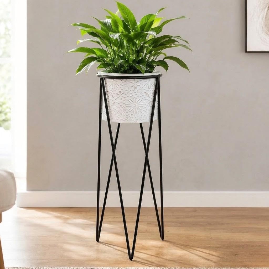 DanDiBo Blumenhocker mit Topf Metall Schwarz Weiss L 75 cm Blumenständer 96043 Blumensäule Modern Pf