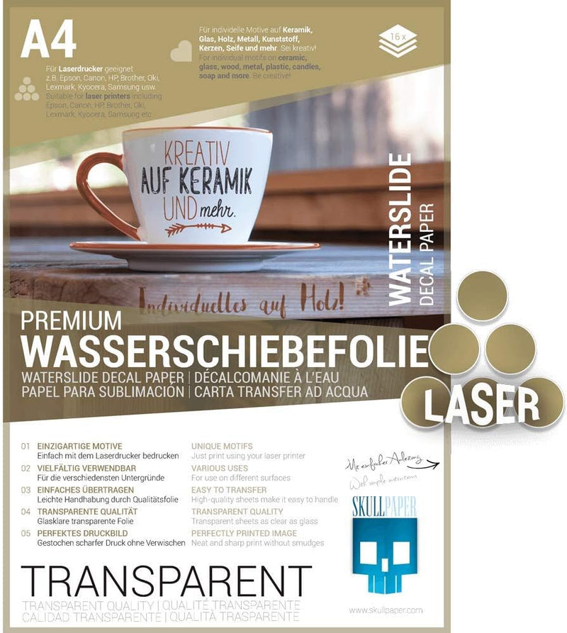 SKULLPAPER® Wasserschiebefolie TRANSPARENT für Laserdrucker - hauchdünn DIY Decal Abziehbild - Nasss